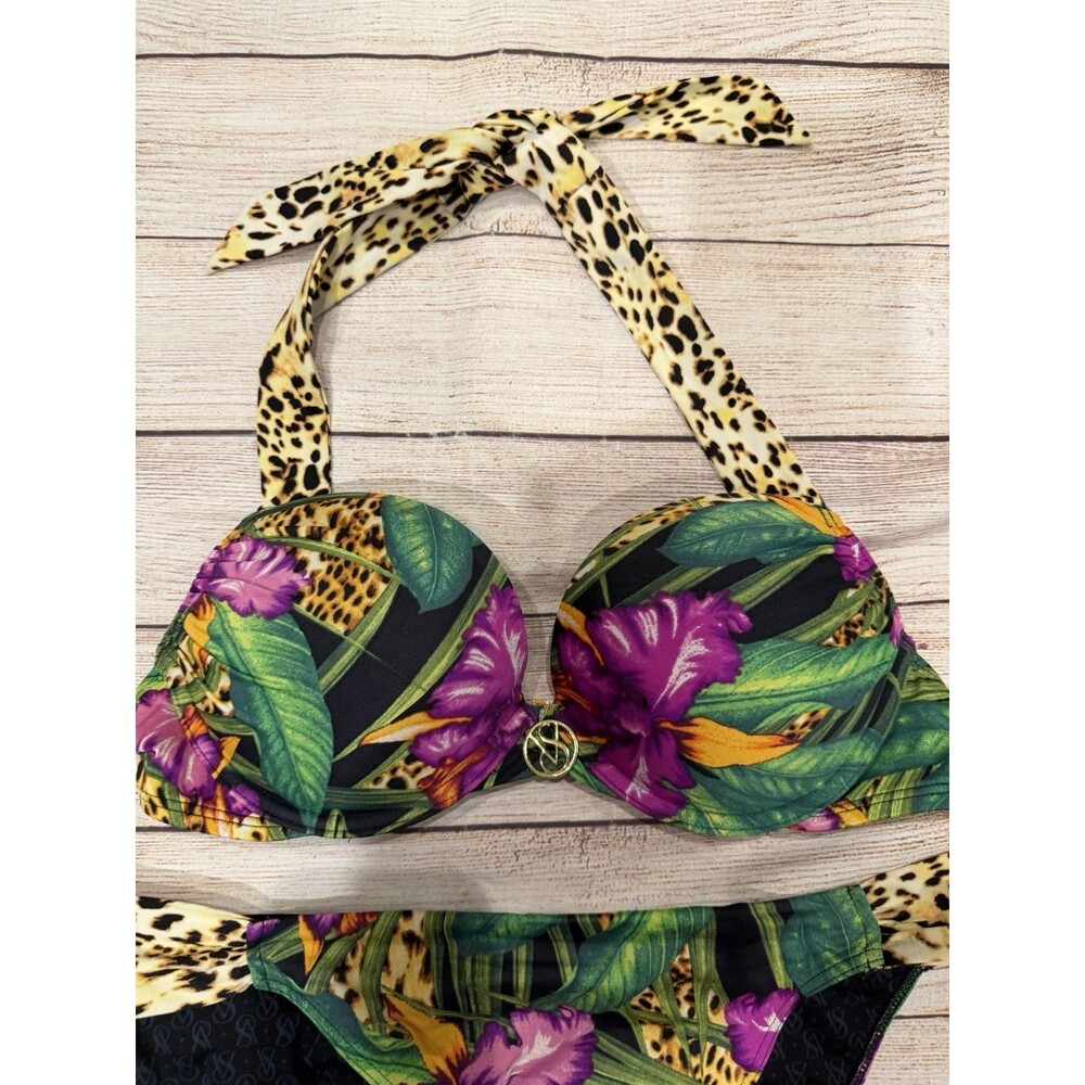Y2K Victorias SecretBombshell Bikini Top & Bottom Floral Leopard Print 34B/L - Picture 3 of 8